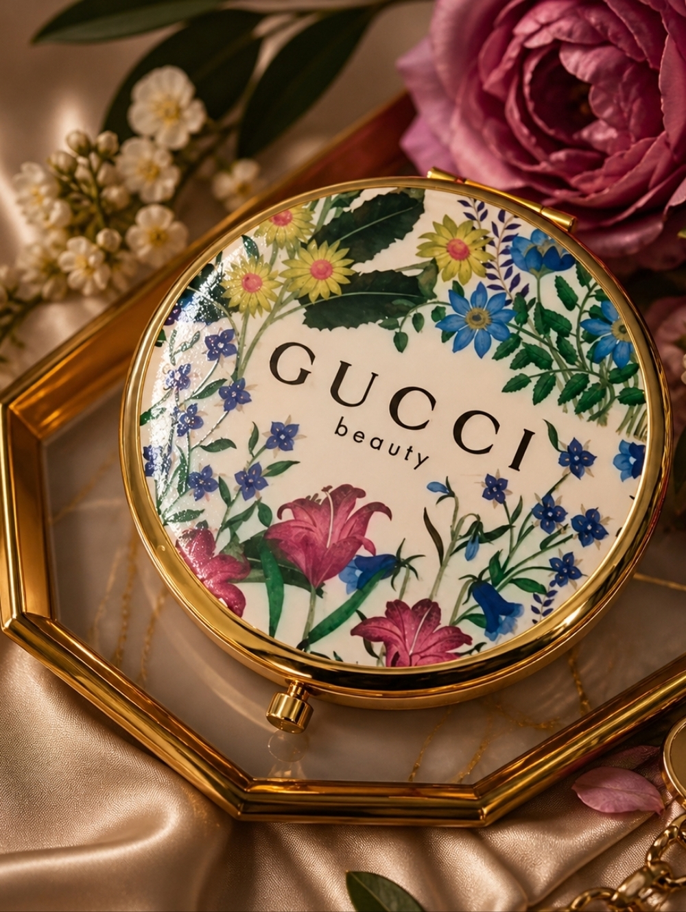 ONE LEFT! Gucci Beauty Floral Compact Mirror With Satin Pouch